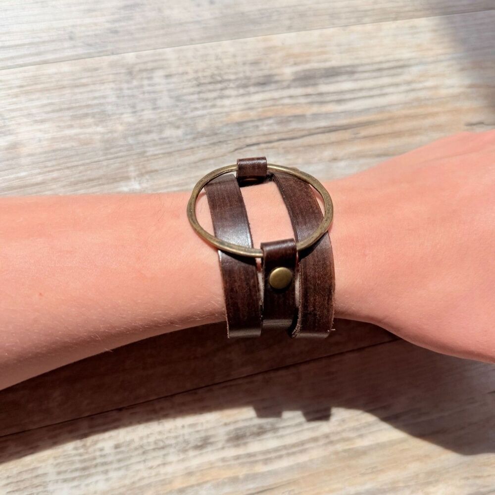 Boho Handmade Brown Leather Hoop Stacking Bracelet Rustic Western Minimalist
